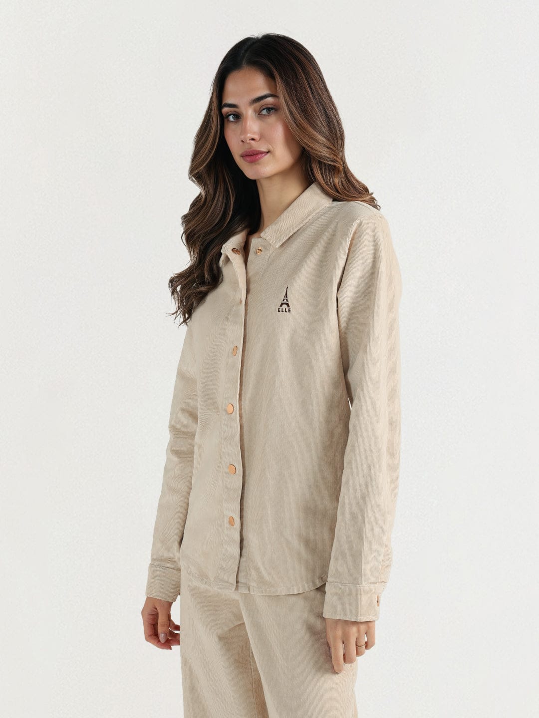 Elle Women Cream Solid Collar Shirt