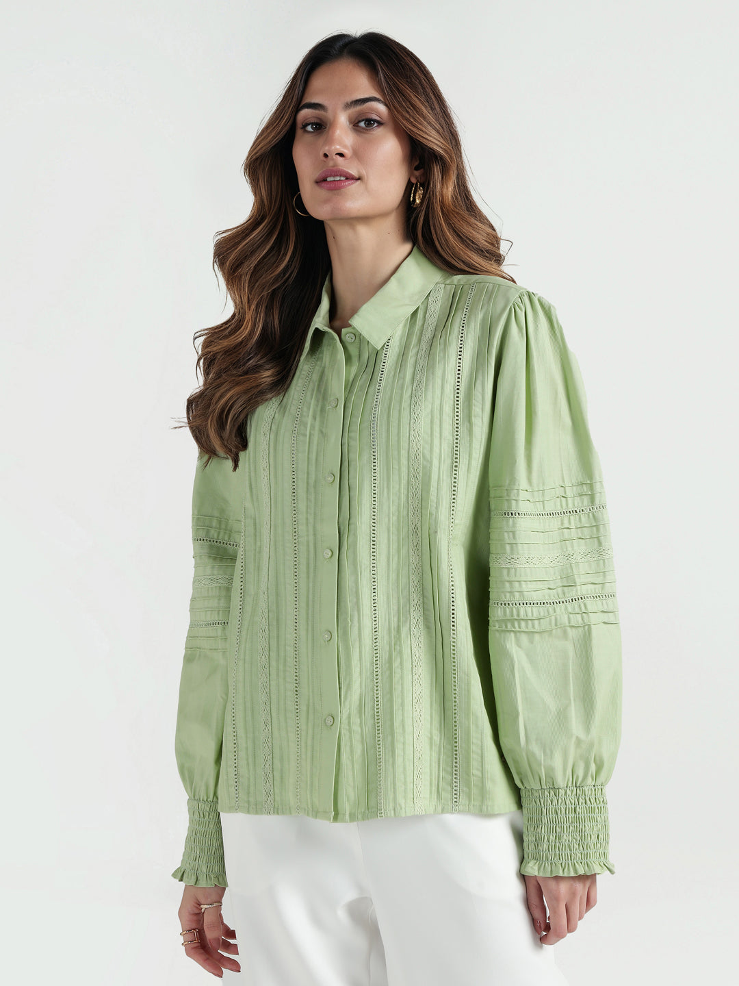 Elle Women Green Solid Collar Shirt