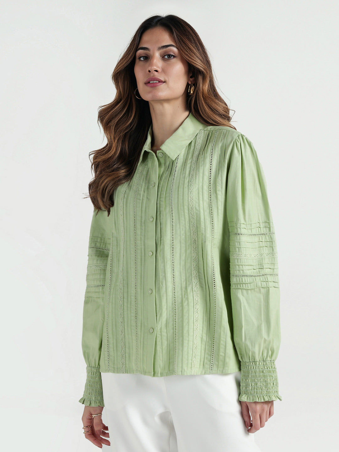 Elle Women Green Solid Collar Shirt