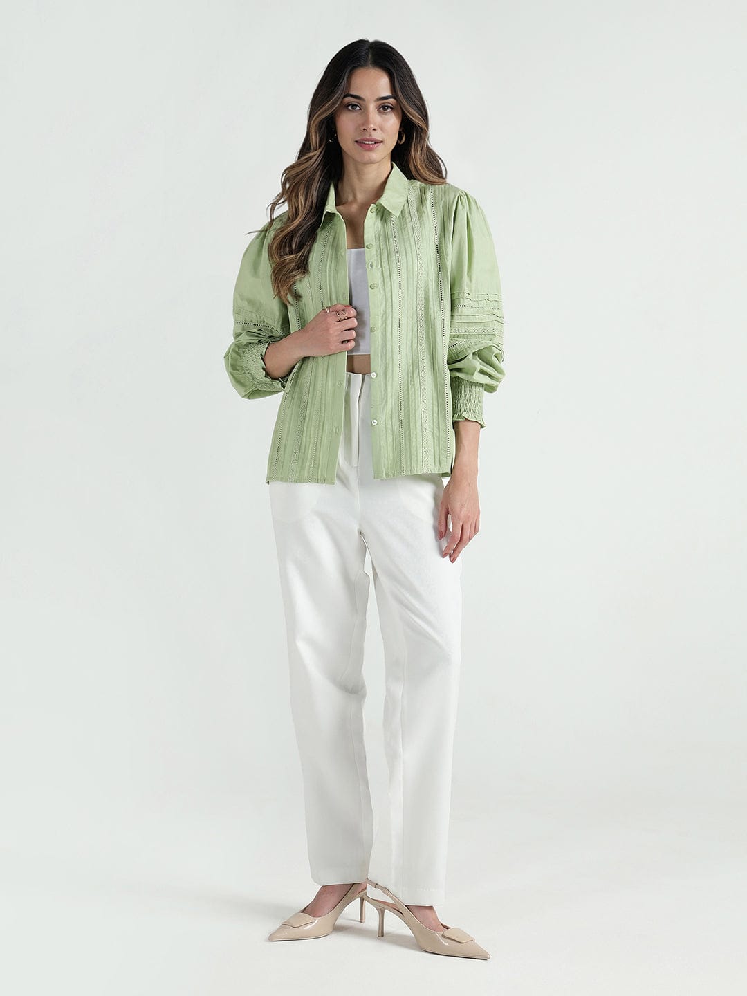 Elle Women Green Solid Collar Shirt