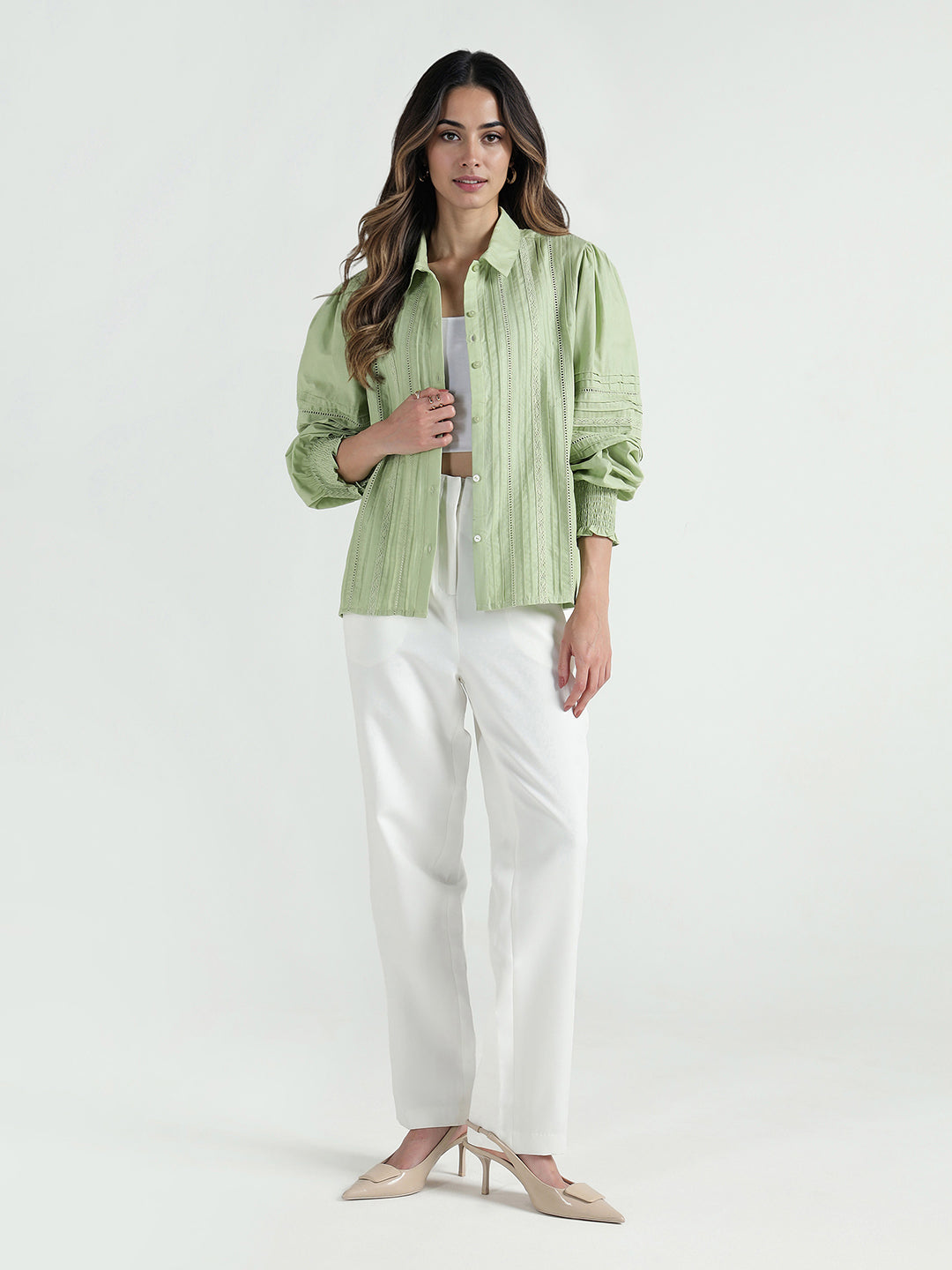 Elle Women Green Solid Collar Shirt