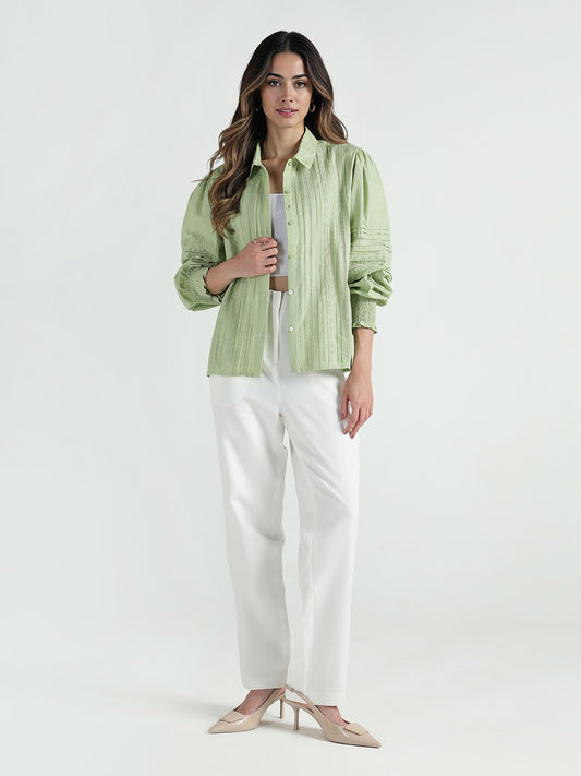 Elle Women Green Solid Collar Shirt