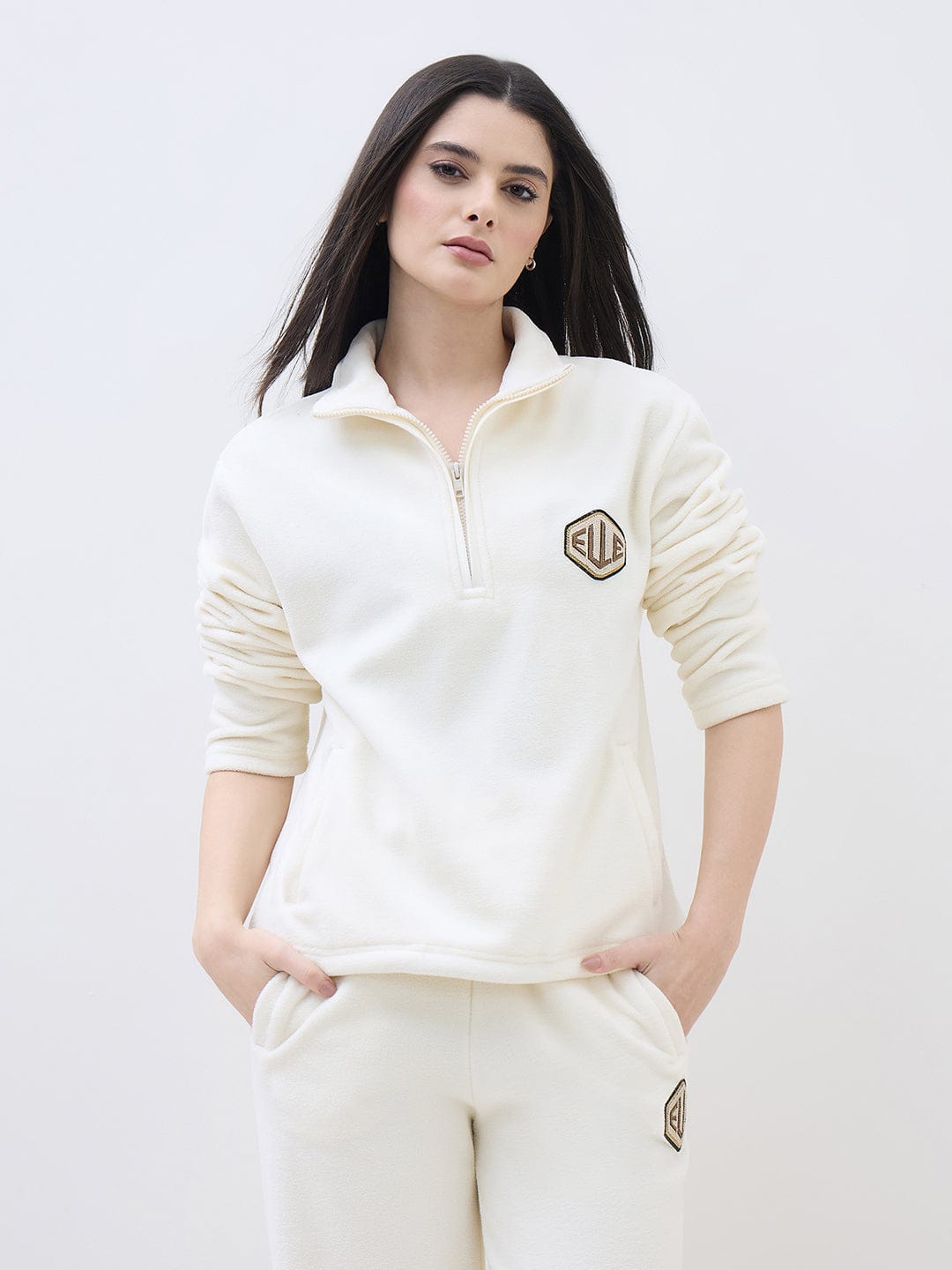 ELLE Women Off White Polo Collar Regular Fit Sweatshirt