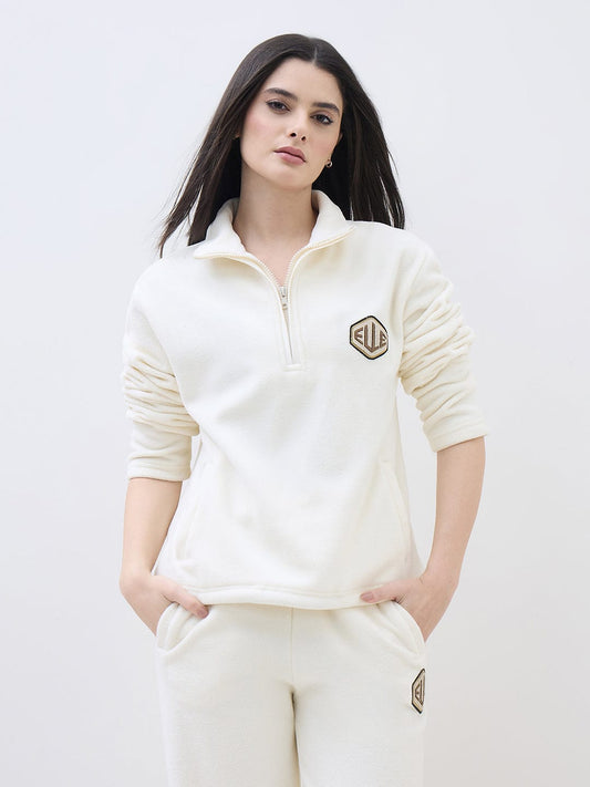 ELLE Women Off White Polo Collar Regular Fit Sweatshirt