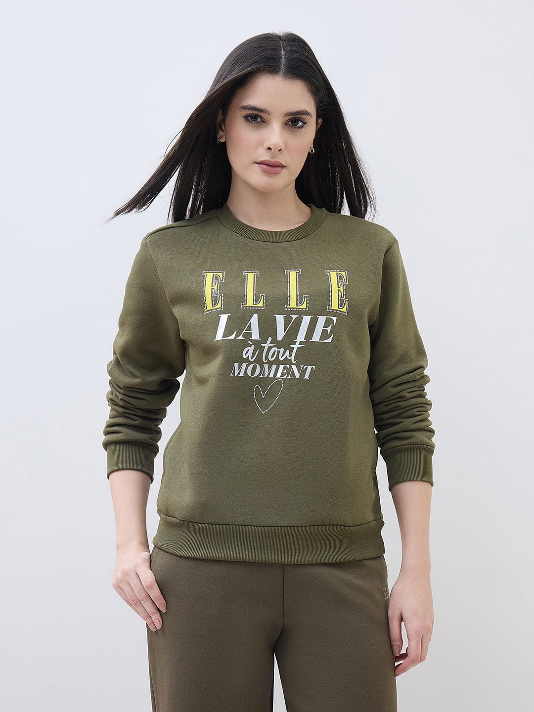 ELLE Women Green Logo Round Neck Regular Fit Sweatshirt