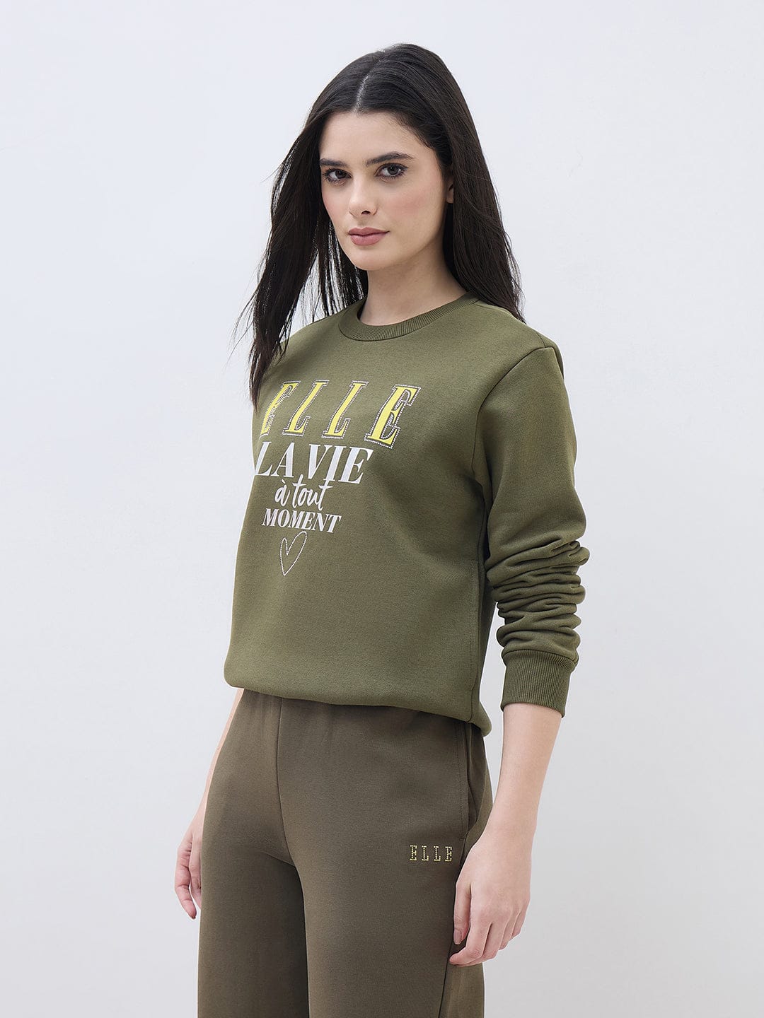 ELLE Women Green Logo Round Neck Regular Fit Sweatshirt