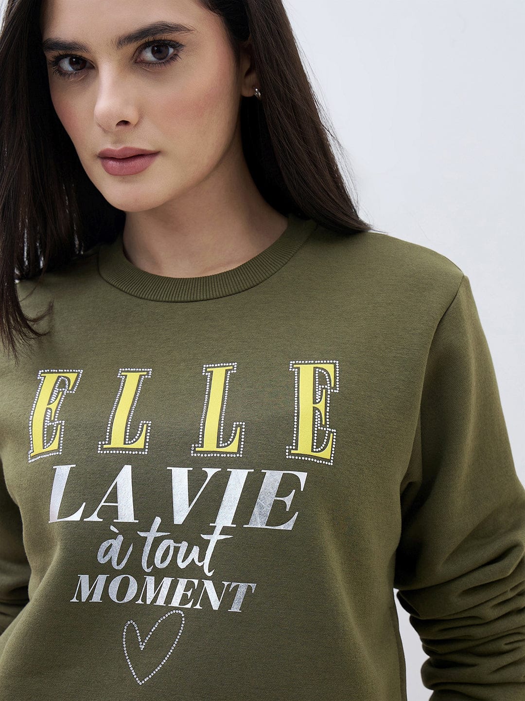 ELLE Women Green Logo Round Neck Regular Fit Sweatshirt
