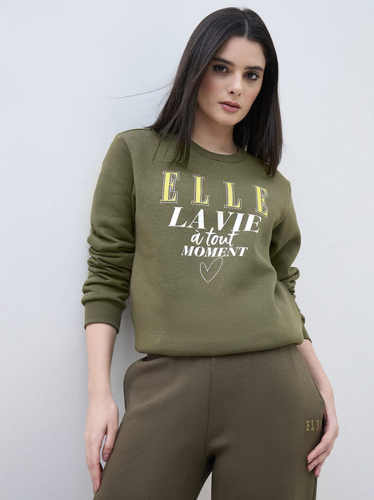 ELLE Women Green Logo Round Neck Regular Fit Sweatshirt