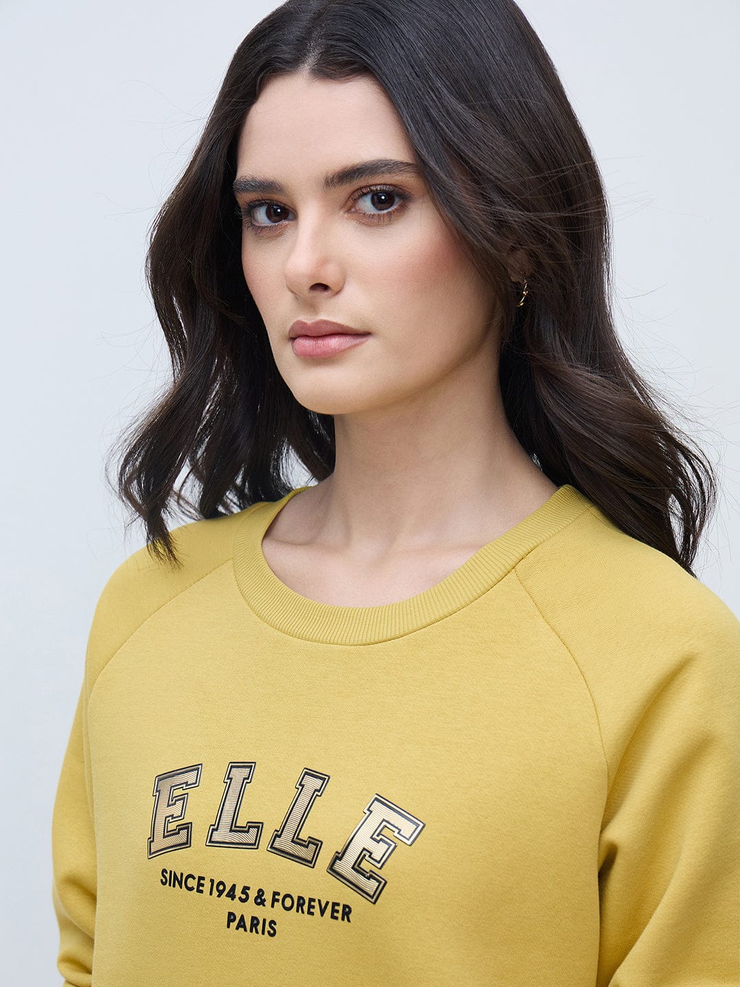Elle Women Yellow Solid Round Neck Sweatshirt