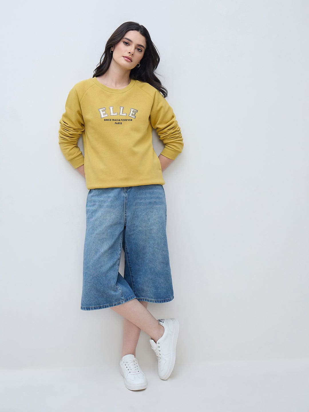 Elle Women Yellow Solid Round Neck Sweatshirt