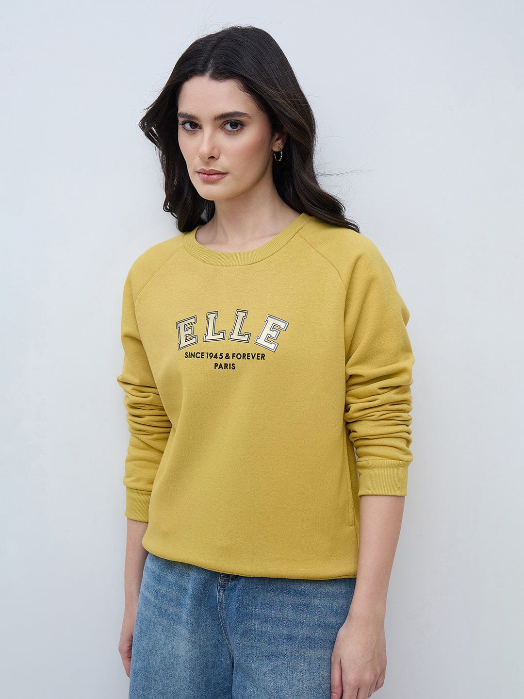 Elle Women Yellow Solid Round Neck Sweatshirt