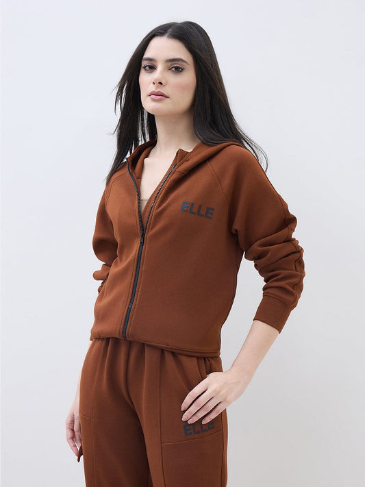 ELLE Women Brown Logo Hooded Regular Fit Sweatshirt