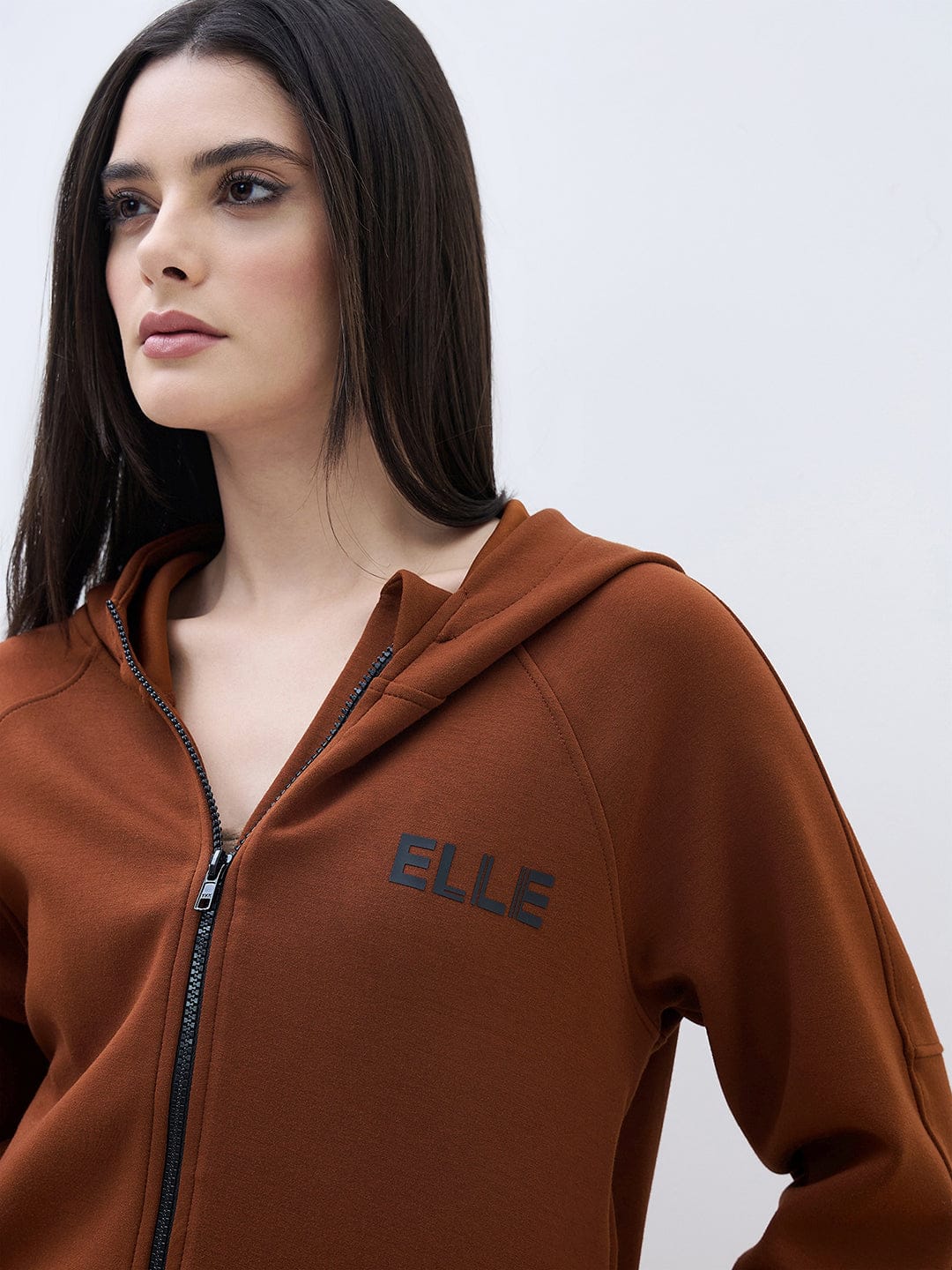 ELLE Women Brown Logo Hooded Regular Fit Sweatshirt