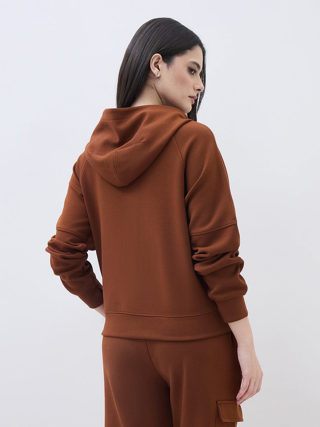 ELLE Women Brown Logo Hooded Regular Fit Sweatshirt