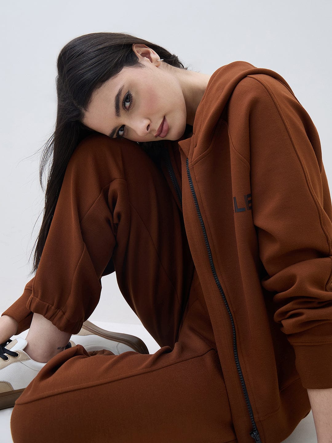 ELLE Women Brown Logo Hooded Regular Fit Sweatshirt