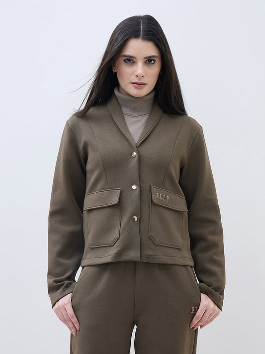 ELLE Women Green Notch Lapel Regular Fit Sweatshirt