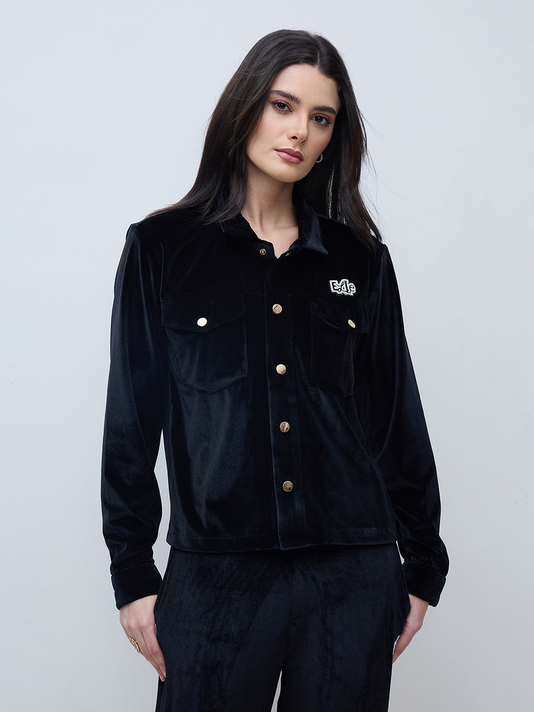 Elle Women Black Solid Collared Sweatshirt