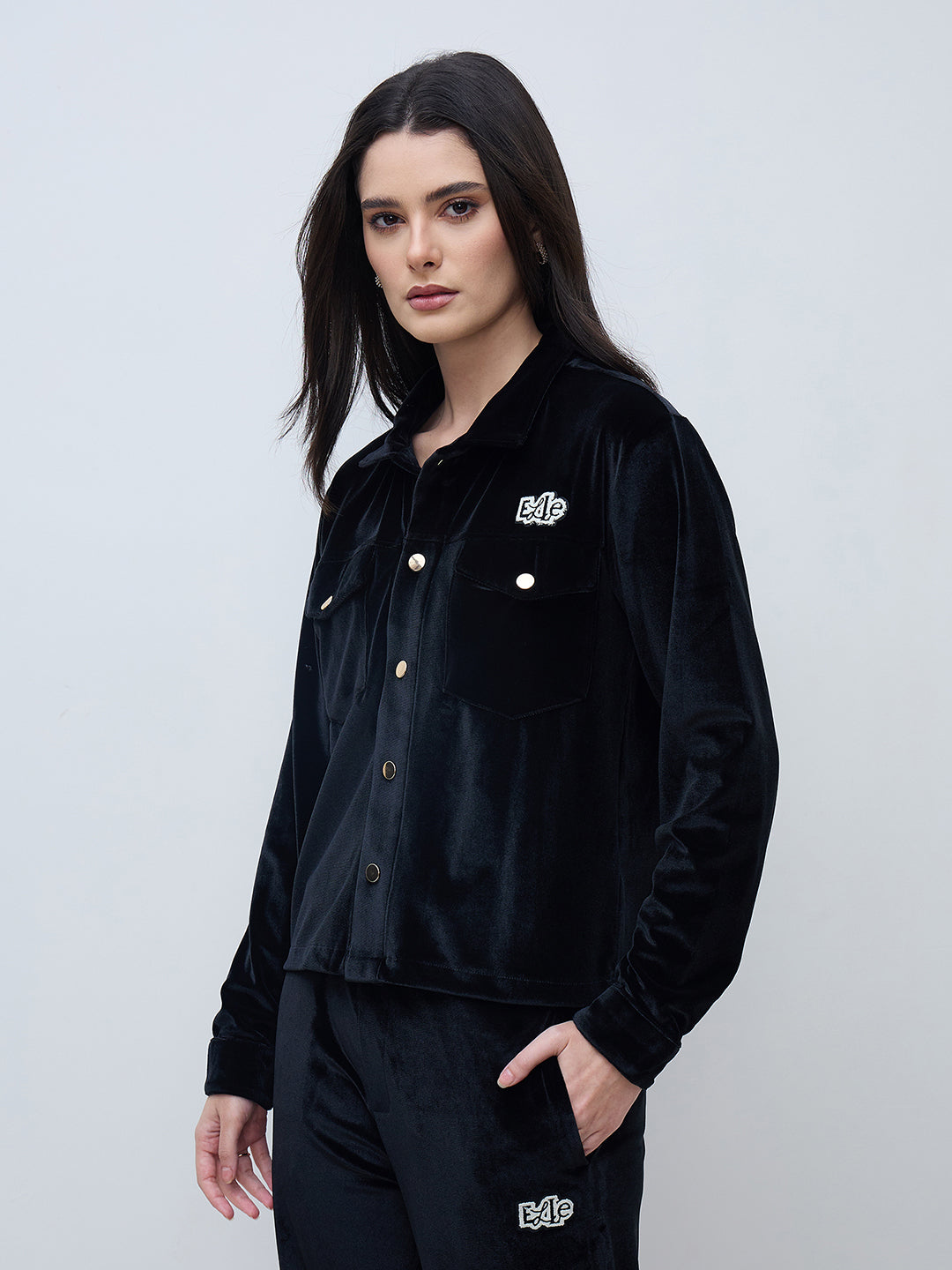 Elle Women Black Solid Collared Sweatshirt