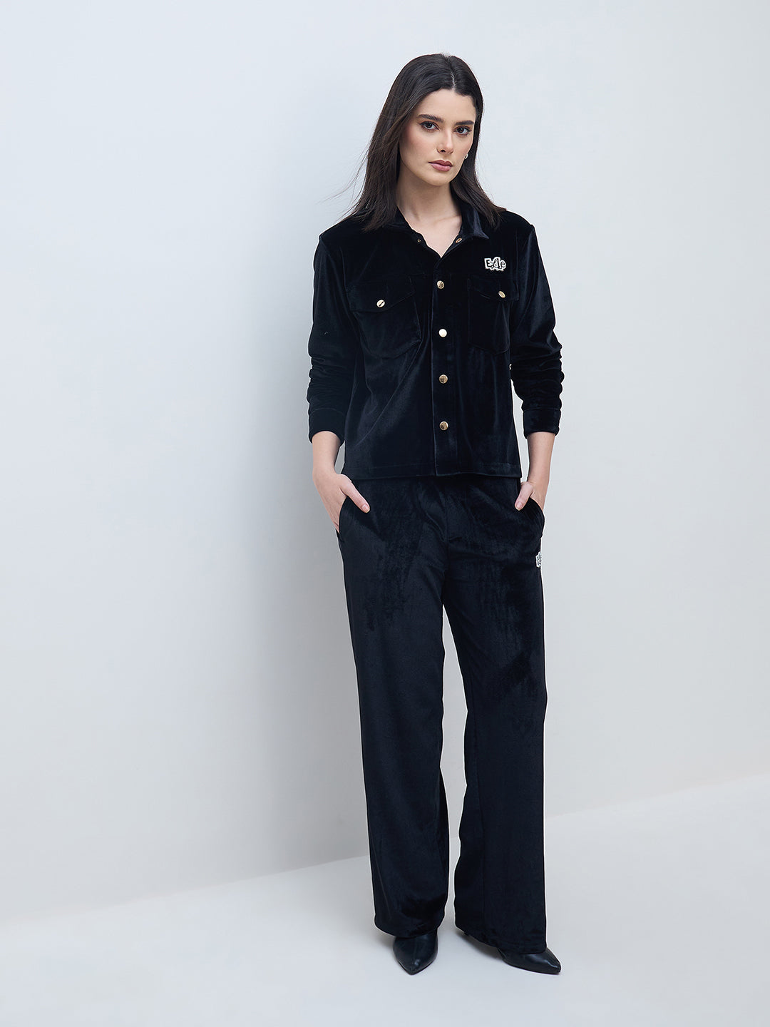 Elle Women Black Solid Collared Sweatshirt