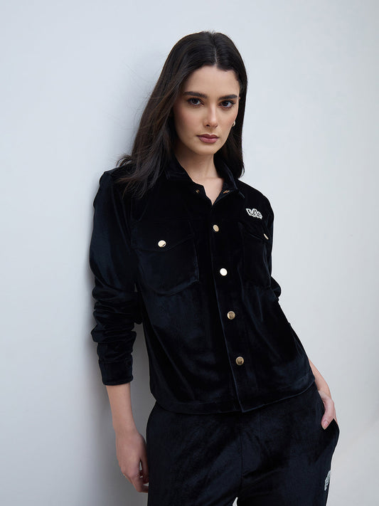 Elle Women Black Solid Collared Sweatshirt