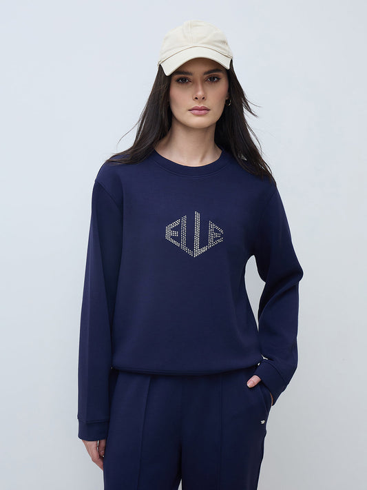 Elle Women Navy Blue Solid Round Neck Sweatshirt