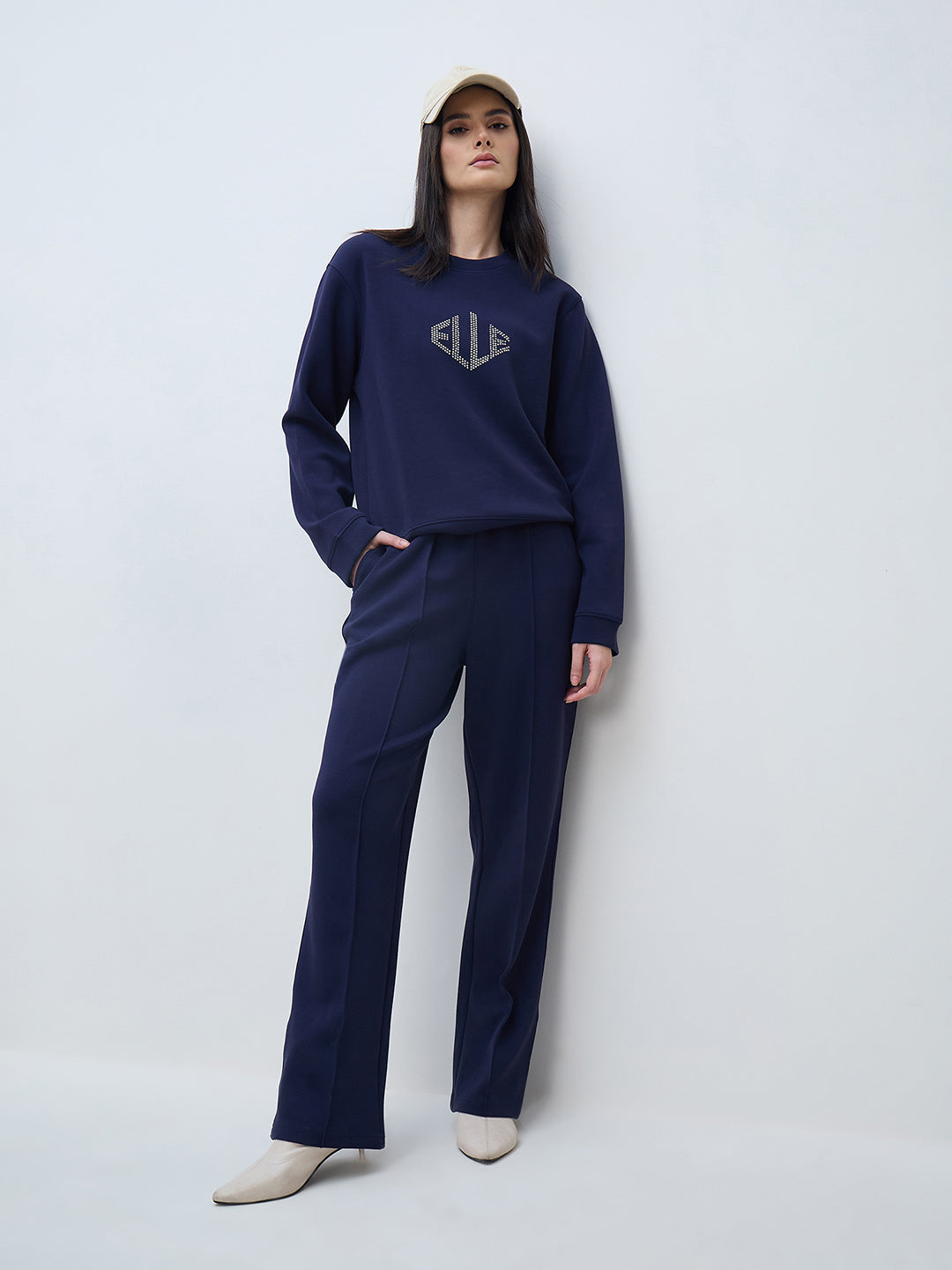 Elle Women Navy Blue Solid Round Neck Sweatshirt