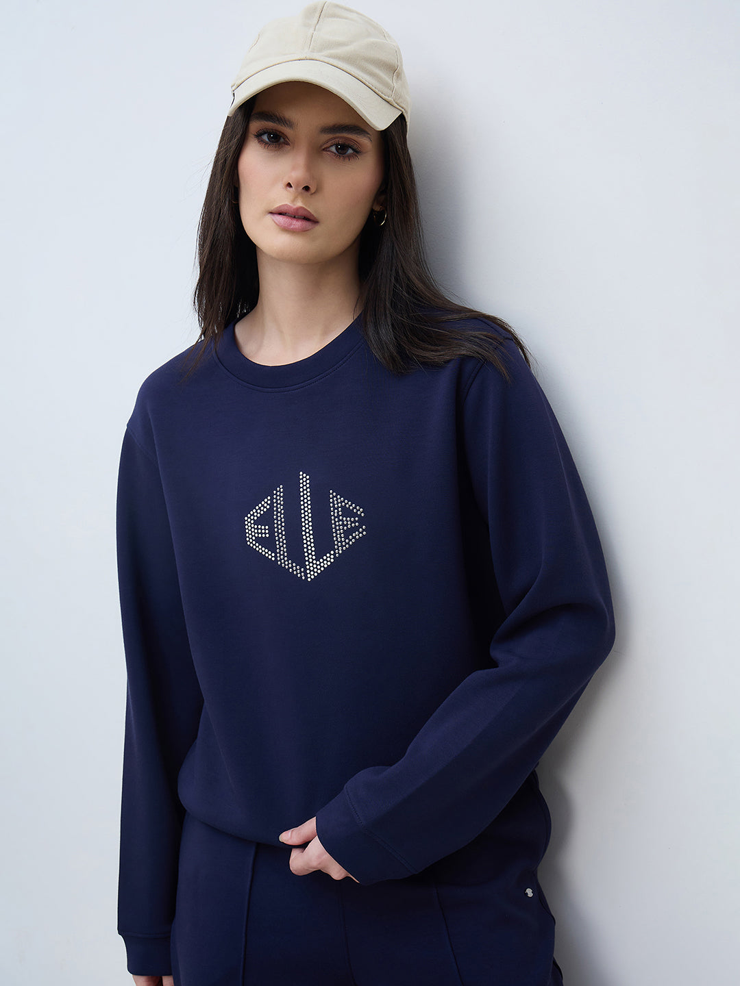 Elle Women Navy Blue Solid Round Neck Sweatshirt