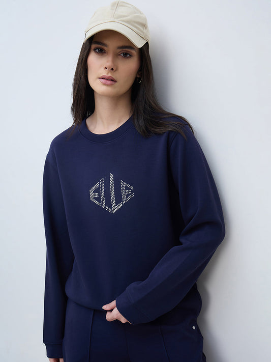 Elle Women Navy Blue Solid Round Neck Sweatshirt