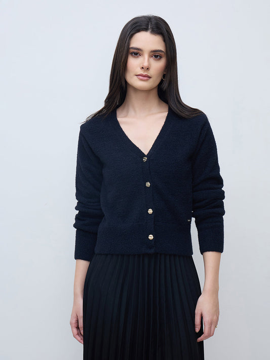 Elle Women Black Textured V Neck Sweater