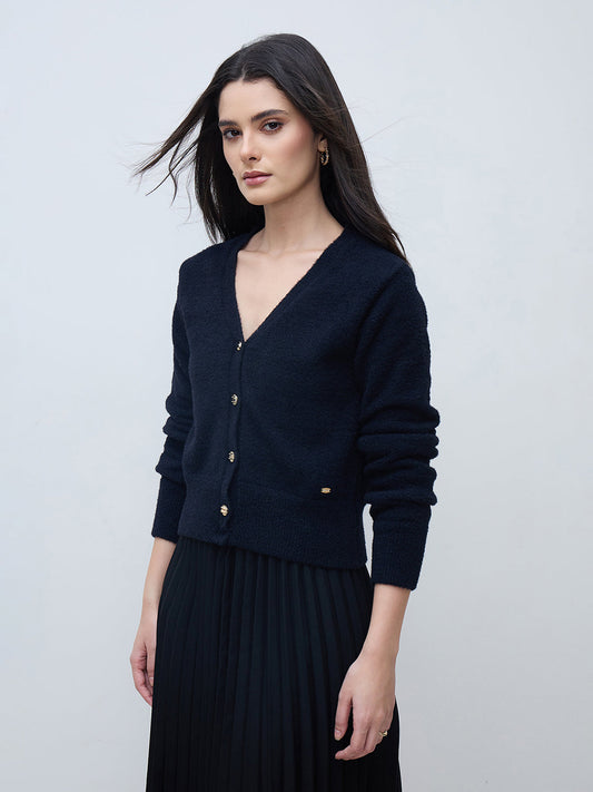 Elle Women Black Textured V Neck Sweater