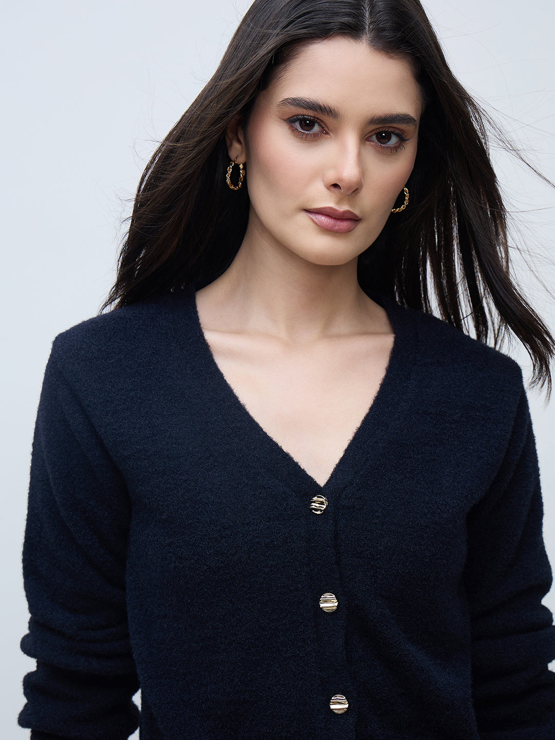 Elle Women Black Textured V Neck Sweater