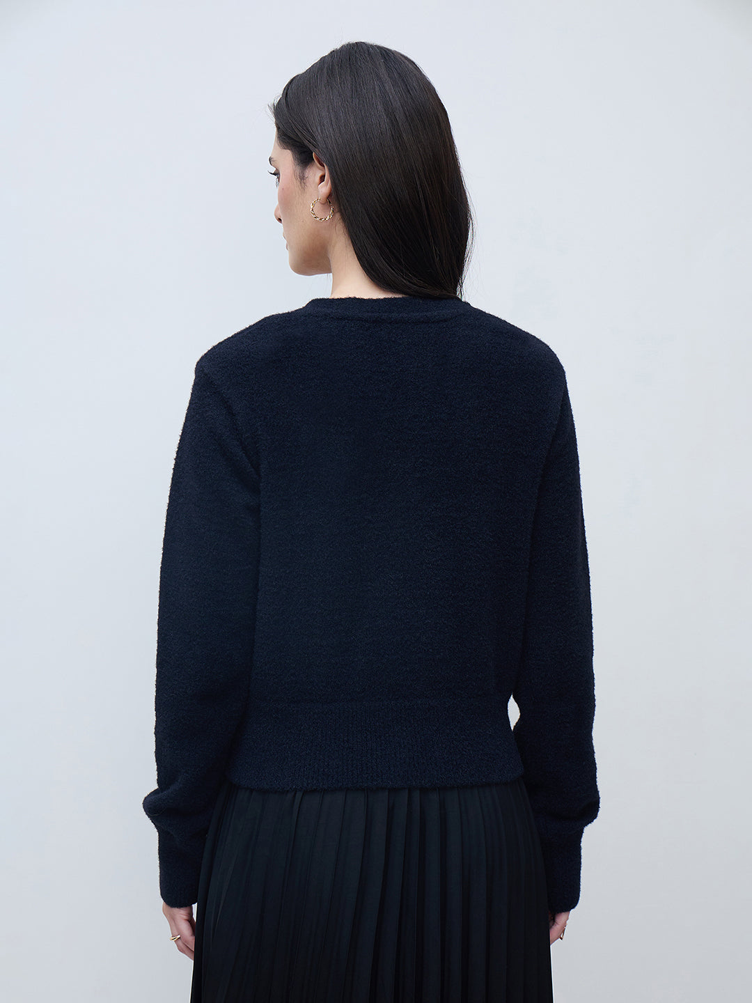 Elle Women Black Textured V Neck Sweater