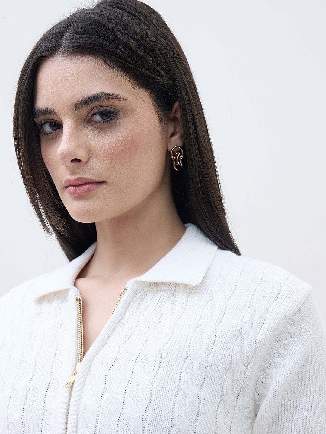 ELLE Women White Textured Polo Collar Regular Fit Sweater