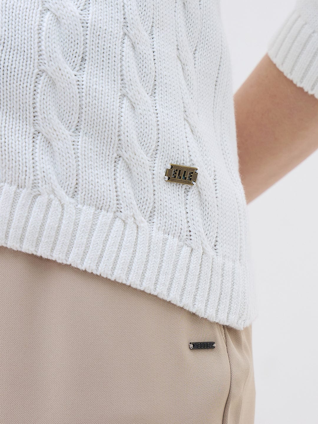 ELLE Women White Textured Polo Collar Regular Fit Sweater