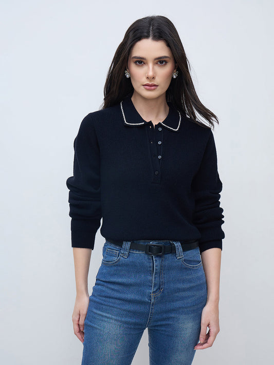 Elle Women Black Solid Collared Sweater