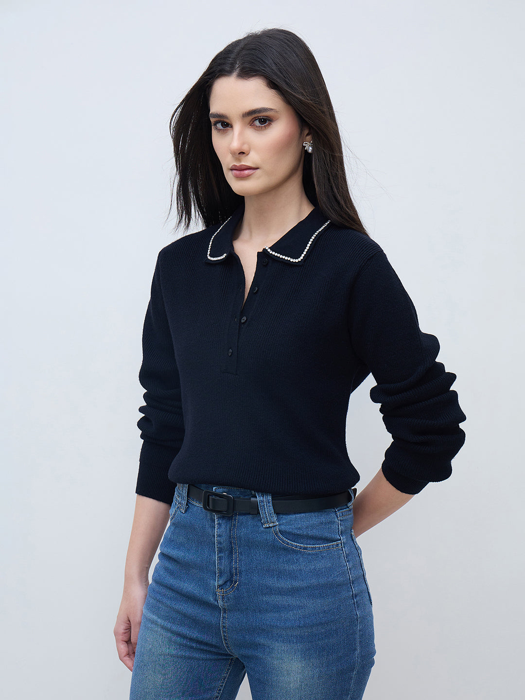 Elle Women Black Solid Collared Sweater