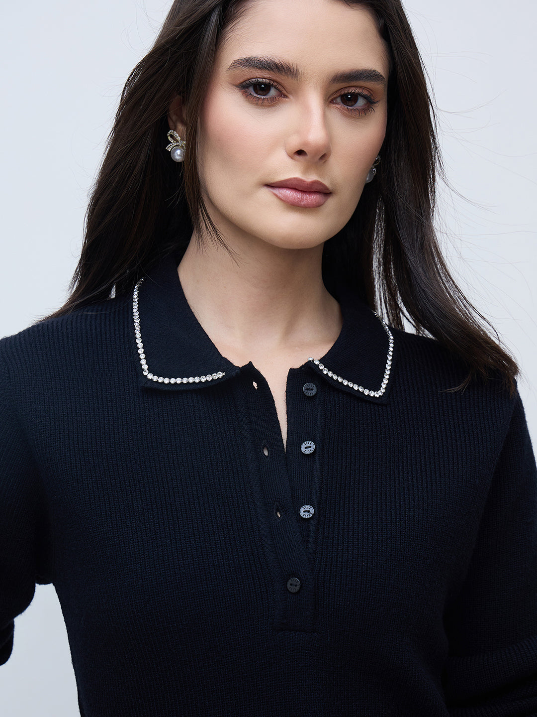 Elle Women Black Solid Collared Sweater