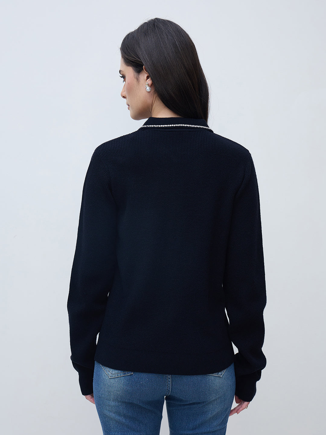 Elle Women Black Solid Collared Sweater