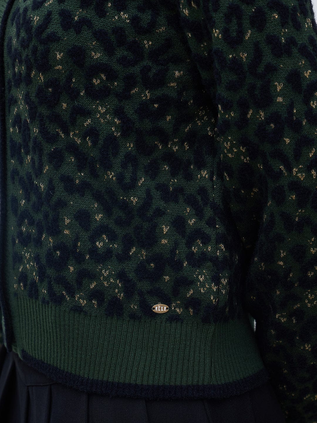 Elle Women Green Textured Round Neck Sweater