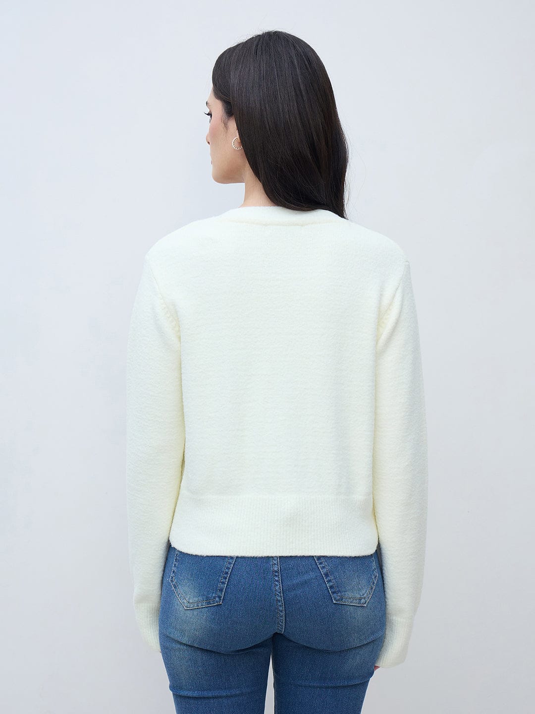 Elle Women Off White Textured V Neck Sweater