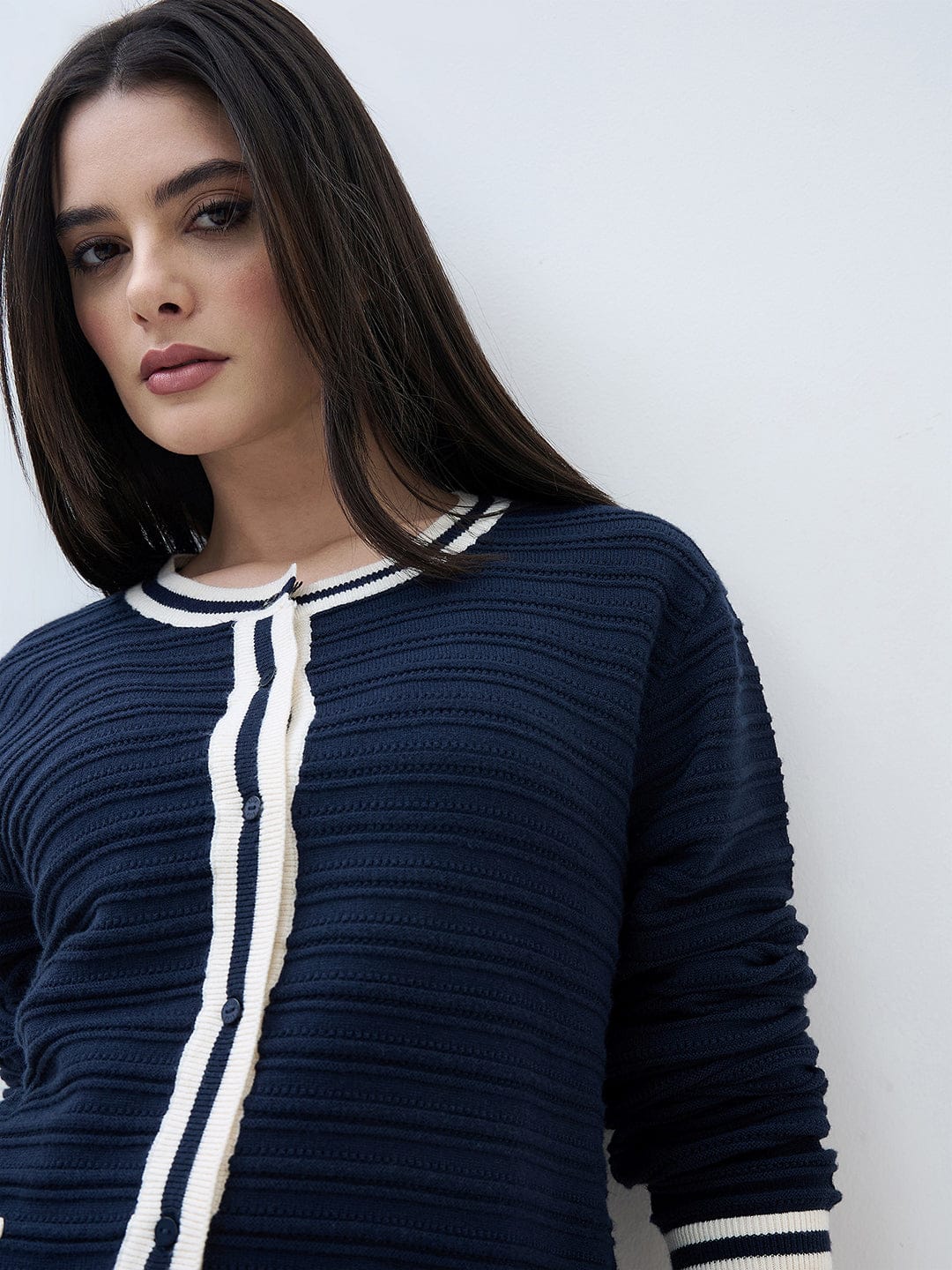 ELLE Women Navy Blue Textured Round Neck Regular Fit Sweater