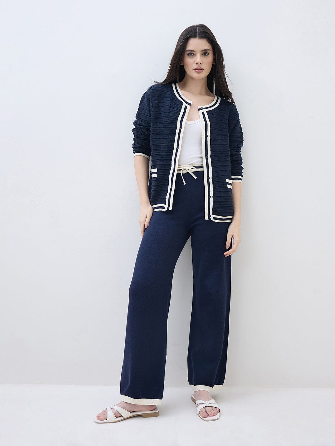 ELLE Women Navy Blue Textured Round Neck Regular Fit Sweater