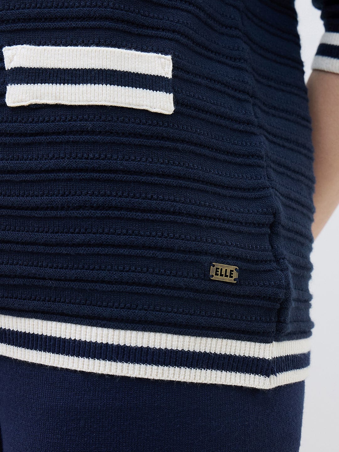 ELLE Women Navy Blue Textured Round Neck Regular Fit Sweater