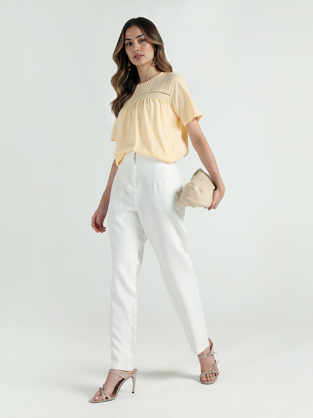 Elle Women Yellow Solid Round Neck Tshirt