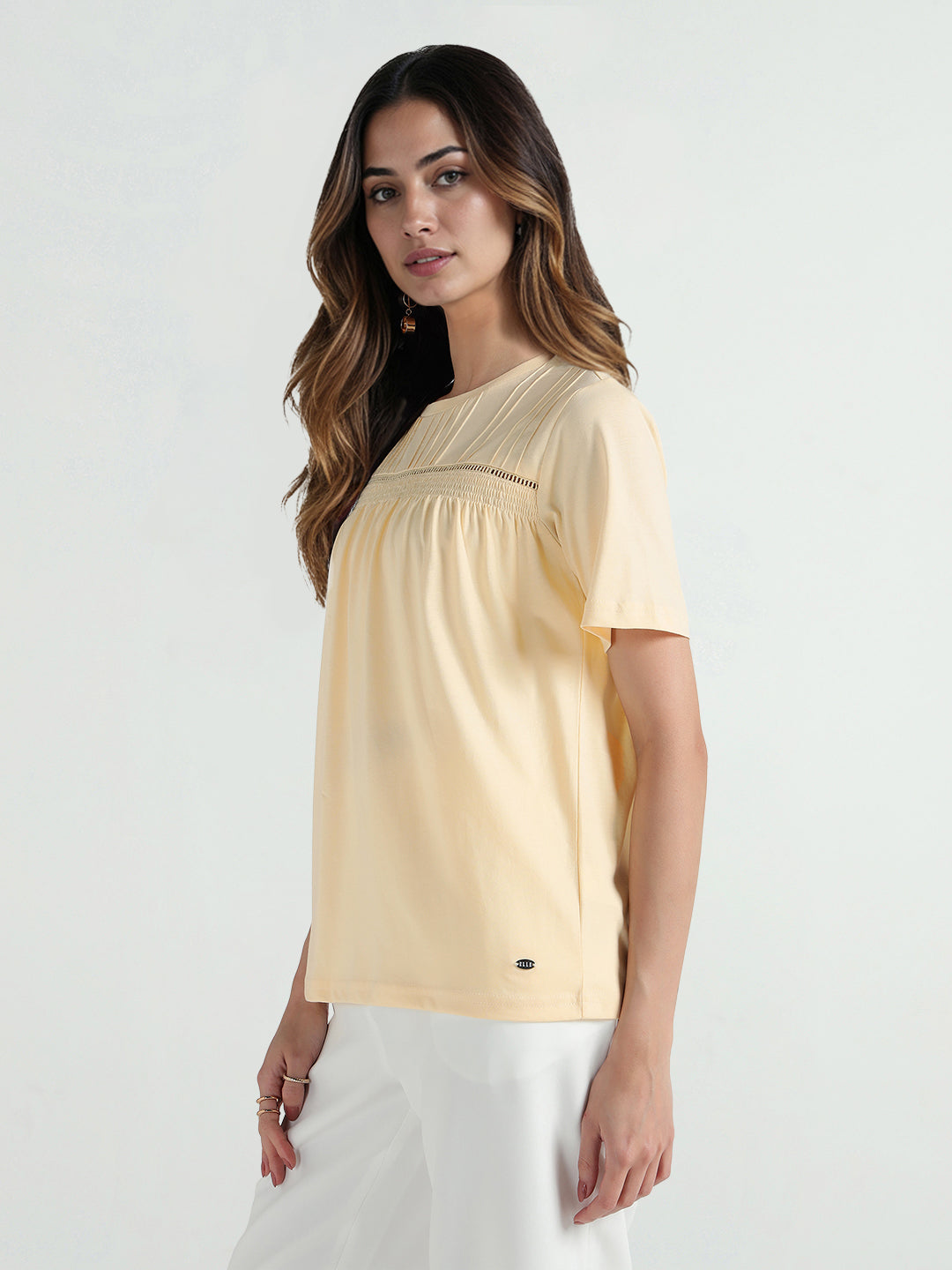 Elle Women Yellow Solid Round Neck Tshirt