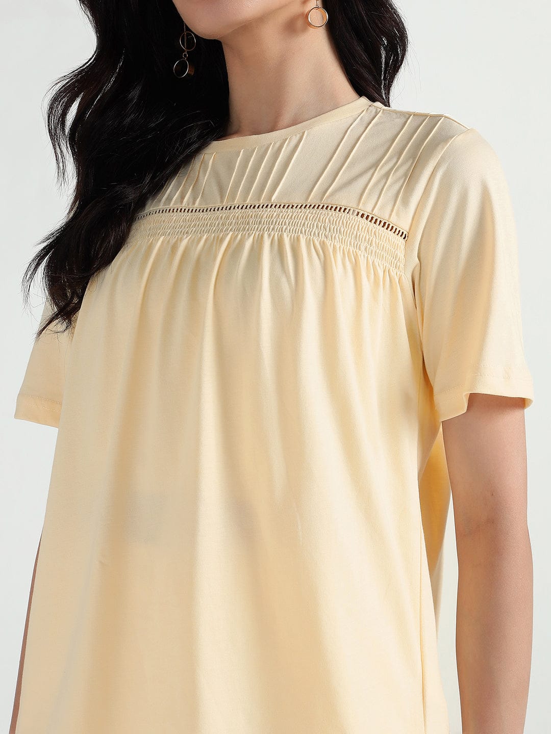 Elle Women Yellow Solid Round Neck Tshirt