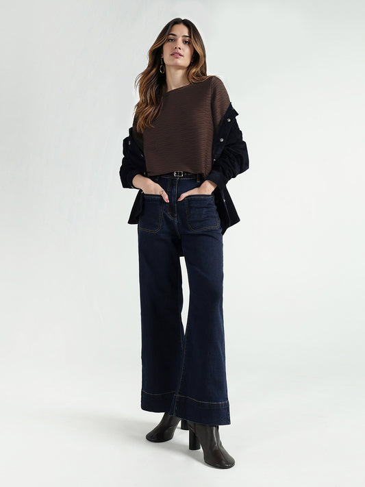 Elle Women Brown Textured Crew Neck Tshirt