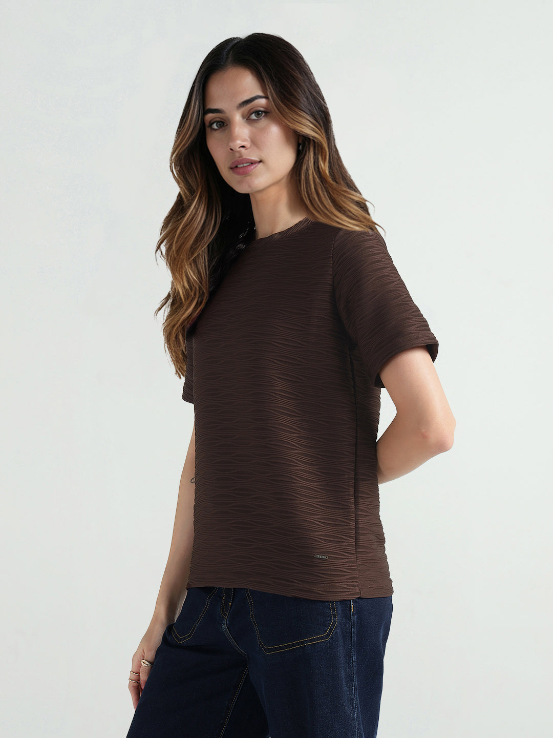 Elle Women Brown Textured Crew Neck Tshirt