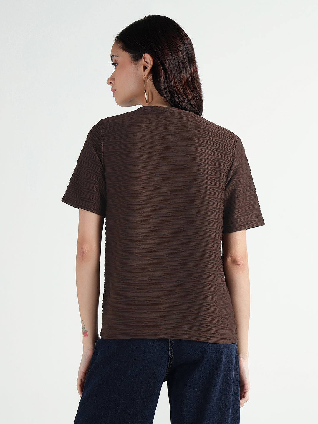 Elle Women Brown Textured Crew Neck Tshirt