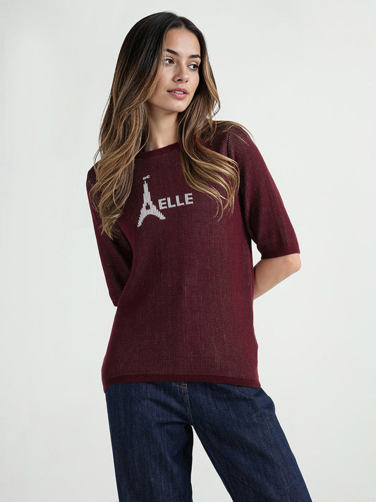 Elle Women Red Knitted Round Neck Tshirt